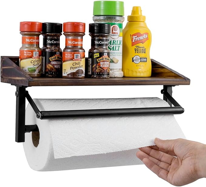 MyGift Paper Towel Holder for Kitchen, Shabby Whitewashed Wood Farmhouse Wall Mounted Kitchen Napkin Dispenser Rack with Top Storage Shelf Spice Racks (Matte Black Metal Paper)