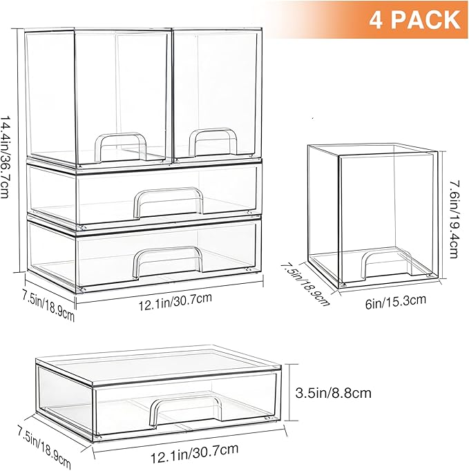 TOOGE Stackable Baby Bottle Organizer: Acrylic Bottle Organizer Baby Storage Drawers Clear Bottle Station Organization for Countertop Cabinet Vanity with 4 in 1 Cup Lid Cleaning Brush & Label - Wide