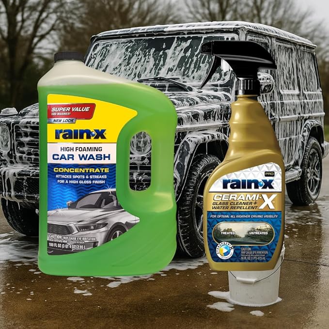 Rain-X Car Care Bundle: 100 fl oz Foaming Car Wash Concentrate & 23oz Cerami-X Glass Cleaner + Water Repellent