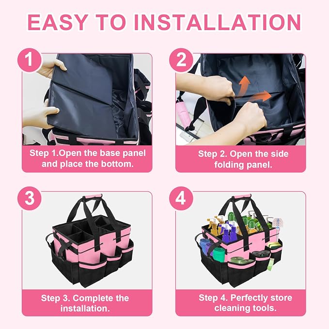 Large Cleaning Caddy Bag – Cleaning Supply Organizer Bag with Handle & Adjustable Shoulder Strap for Housekeepers, Professional Home, Apartment & Office Cleaning, Soft Portable Tote (Pink)