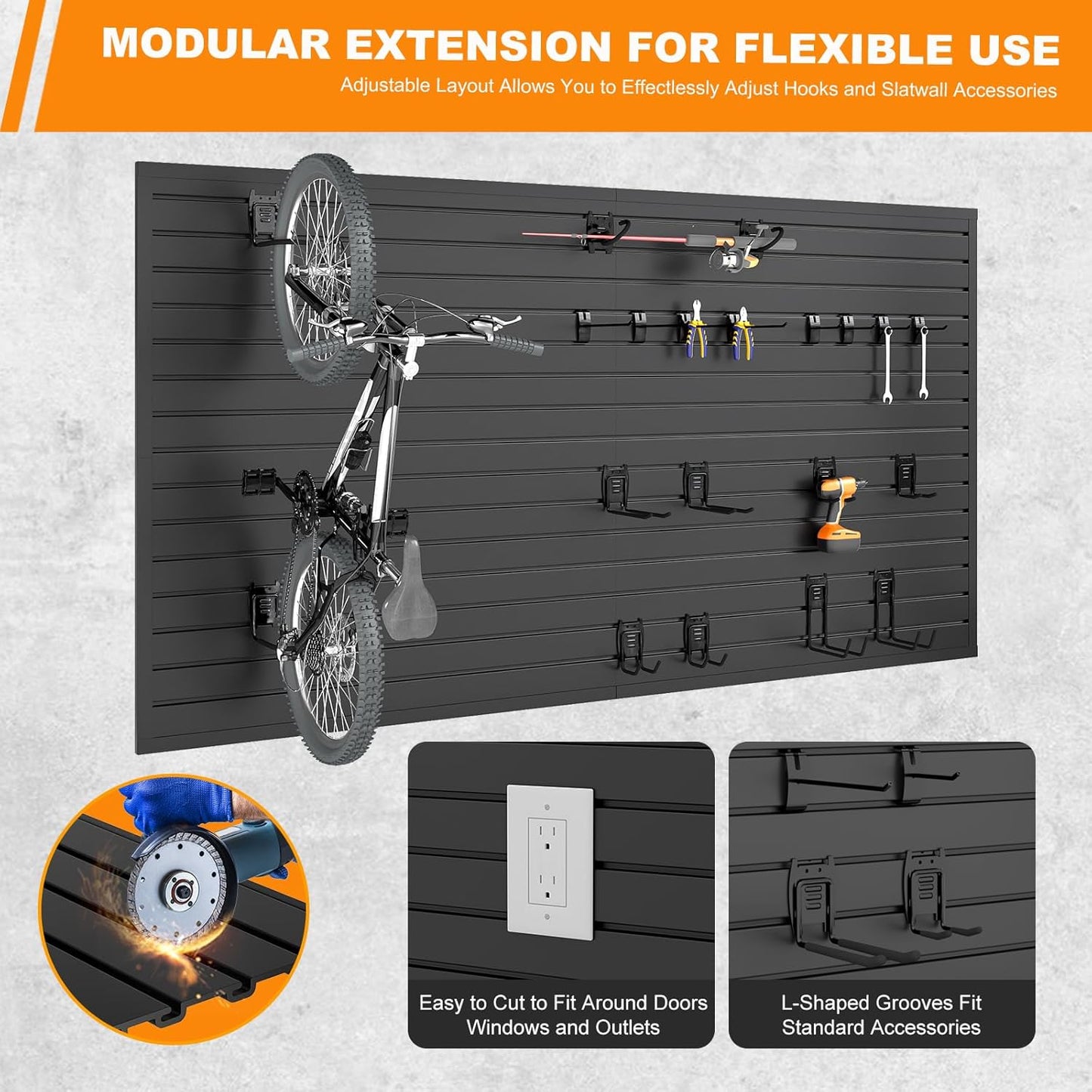 DoCred Slatwall Paneling Organizer, 4x7.5 FT PVC Garage Slat Wall Storage Systems, Heavy Duty Mounted Slat Peg Board for Tool Organization Ladder Bike Includes 27 PCS Hooks Accessories Kit (Black)