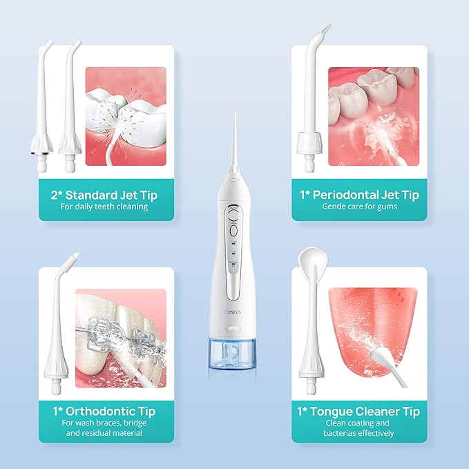 COSLUS Water Dental Flosser Teeth Pick C20: Portable Cordless Oral Irrigator 300ML Rechargeable Travel Irrigation Cleaner IPX7 Waterproof Electric Flossing Machine for Teeth Cleaning, White