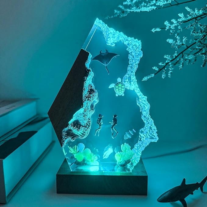 Scuba Diving Resin Ocean Lamp,Handmade 3D Ocean Night Light With Woodden Base,Variable Lights, Scuba Diver Gifts,Diving Enthusiast Collectibles, Unique Birthday Holiday Gifts for Men & Women (L12"x8")