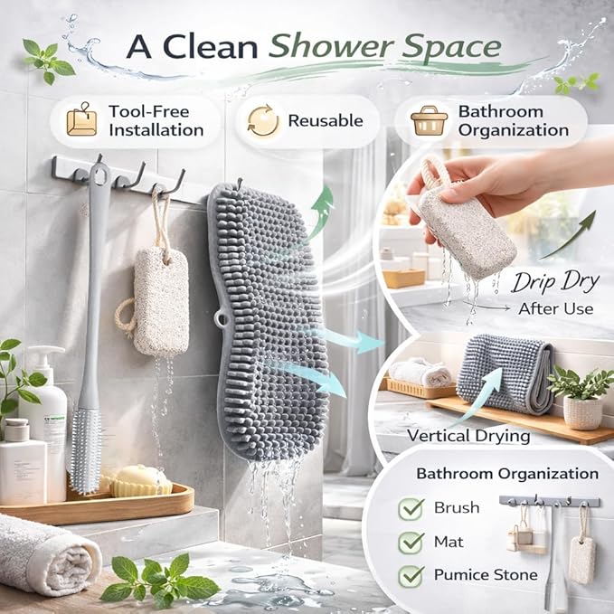 4-in-1 Shower Foot Care Set — Silicone Foot Scrubber Mat with Non-Slip Suction Cups, Natural Pumice Stone, Long Handled Toe Cleaner Brush & Adhesive Hooks — Daily Foot Wash & Bathroom Spa Kit