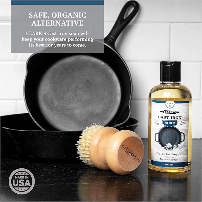 CLARK'S Small Scrub Brush and Cast Iron Soap | Maintain All Cast Iron and Carbon Cookware