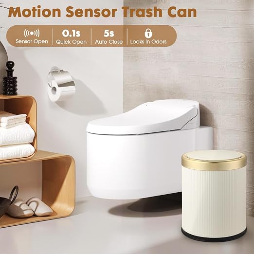 Automatic Motion Sensor Bathroom Trash Can with Lid, 3.7 Gallon Touchless Trash Garbage Bin Large Trash Cans Trashcan, White Smart Plastic Trash Bins for Bathroom, Office, Bedroom, Kitchen