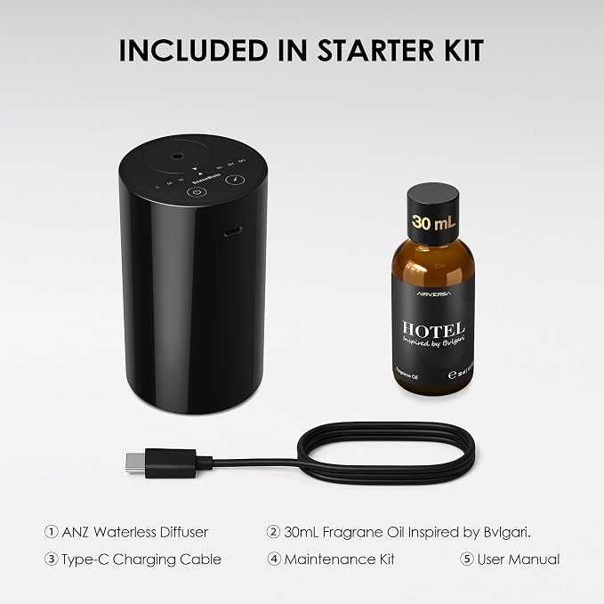 Waterless Essential Oil Diffuser Starter Kit, Battery Operated Diffuser Oil Machine, Portable Aroma Diffuser for Home Car Office, ANZ Black