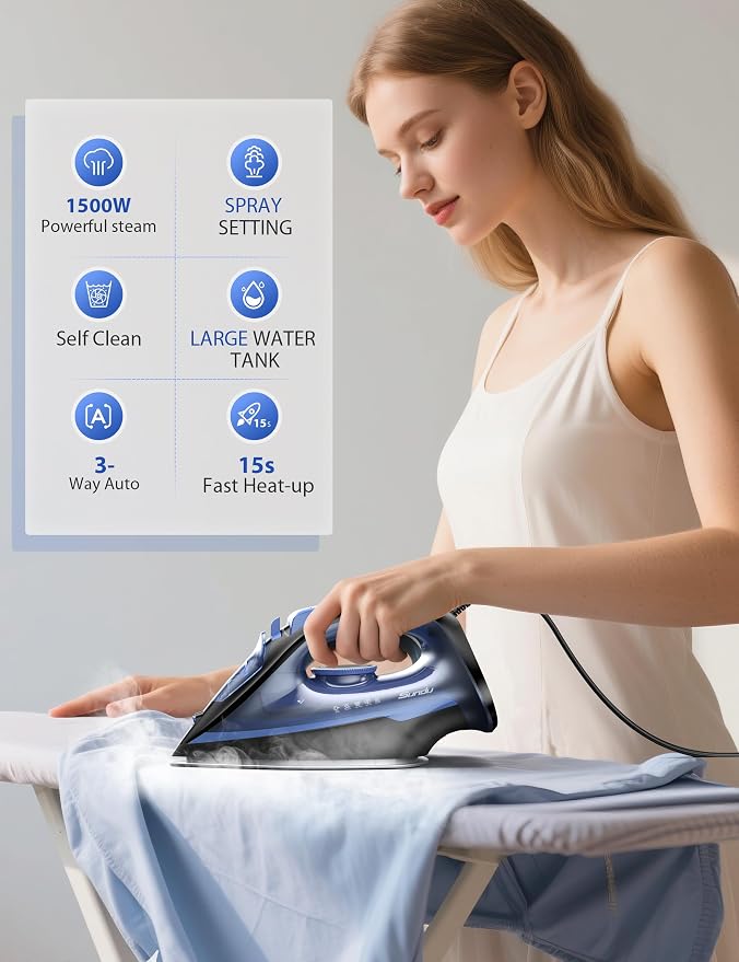 Sundu Steam Iron for Clothes with Rapid Heating Ceramic Coated Soleplate, 1500W with Precise Thermostat Dial, Self-Cleaning, Auto-Off, 15.21oz Water Tank for Home Clothes Ironing Use Dark Blue