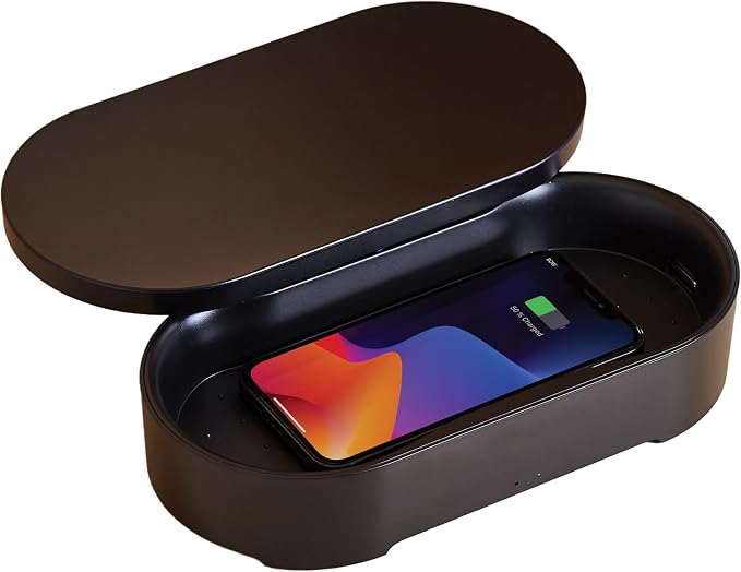 Lexon UV Phone Sanitizer Machine & Wireless Charger - OBLIO Box QI Fast Charging and 360° UV-C Light Cellphone Cleaner, Glasses, Keys, Makeup Brush, Tools, All that Fits in - Black