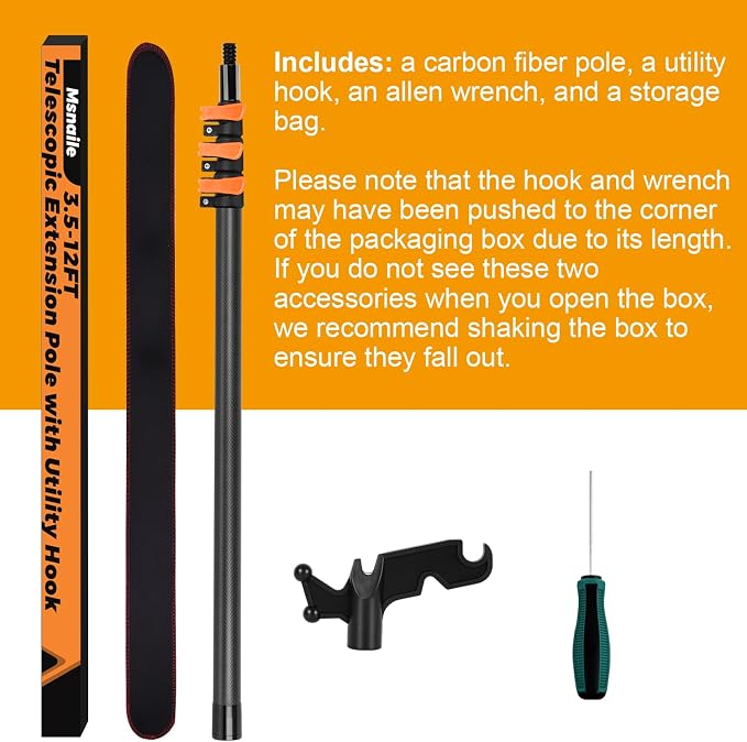Carbon Fiber Extension Pole with Utility Hook, 3.5-12FT Multi-Purpose Telescoping Paint Pole, Heavy Duty Extendable Pole for Painters, Cleaning & Christmas Decorations, No Ladder Needed