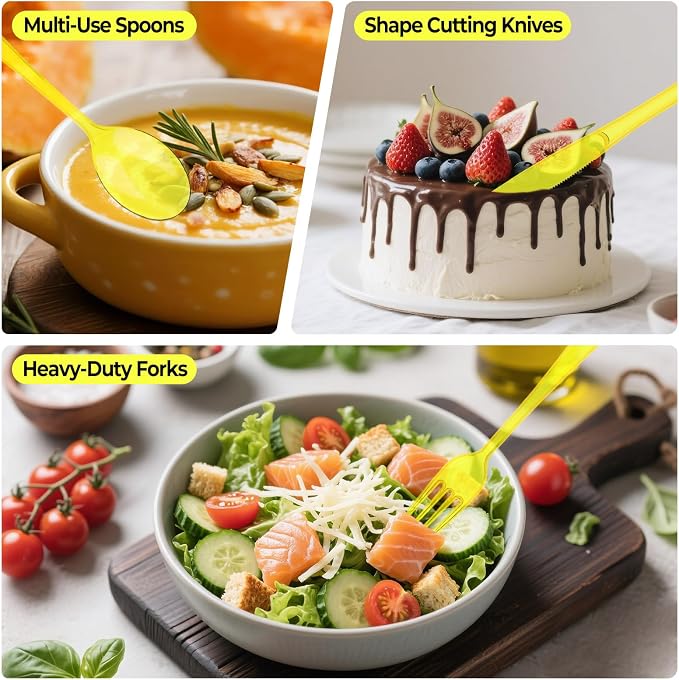 150 PCS Plastic Silverware Disposable Silverware Heavy Duty Utensil Sets 50 Of Each Forks Knives & Spoons Disposable Cutlery Set For Easter,Birthday,Baby Shower,Garden Party,Wedding(150,Yellow)