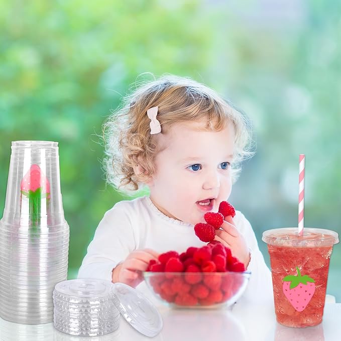 Whaline 50Pcs Strawberry Disposable Plastic Cups with Lids and Straws 12 Oz Pink Summer Fruit Cold Beverage Drinking Cups for Sweet One First Birthday Party Supplies Table Decor