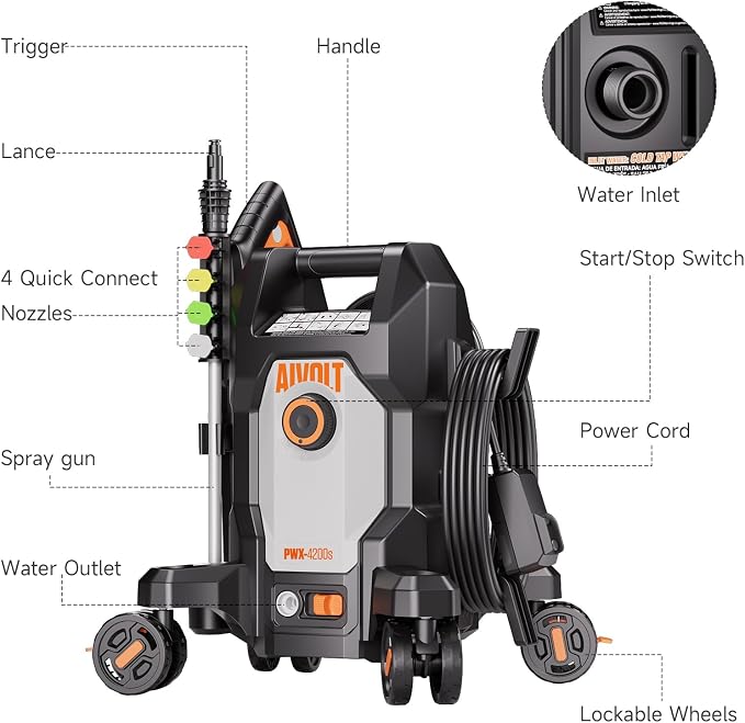 AIVOLT Electric Pressure Washer,5000PSI Power Washer with Anti-Tipping 4-Wheel Design, 4 Quick-Connect Nozzles, Foam Cannon, Spray Gun & Cleaning Brush Set for Cars, Driveways, Fences, Patios & Home