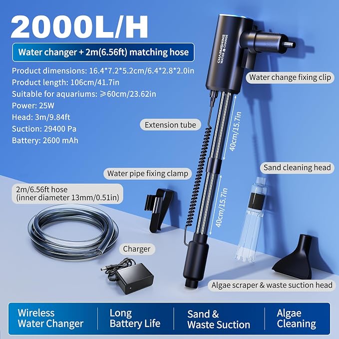Cordless Gravel Vacuum Aquarium Cleaner,6-in-1 Automatic Fish Tank Cleaning Tools 2600mah Rechargeable Fish Tank Vacuum for 10-75 Gallon Large Tanks Change Water Wash Sand(25w)