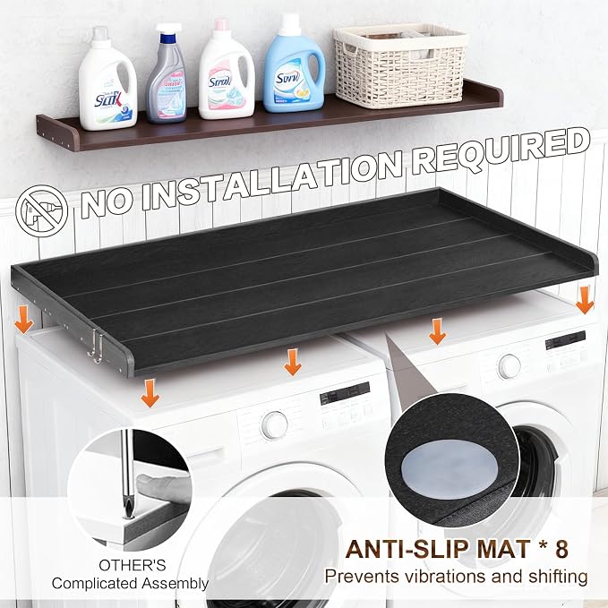 Washer Dryer Countertop, HDPE Laundry Countertop with Edge Rails, No-Installation-Black
