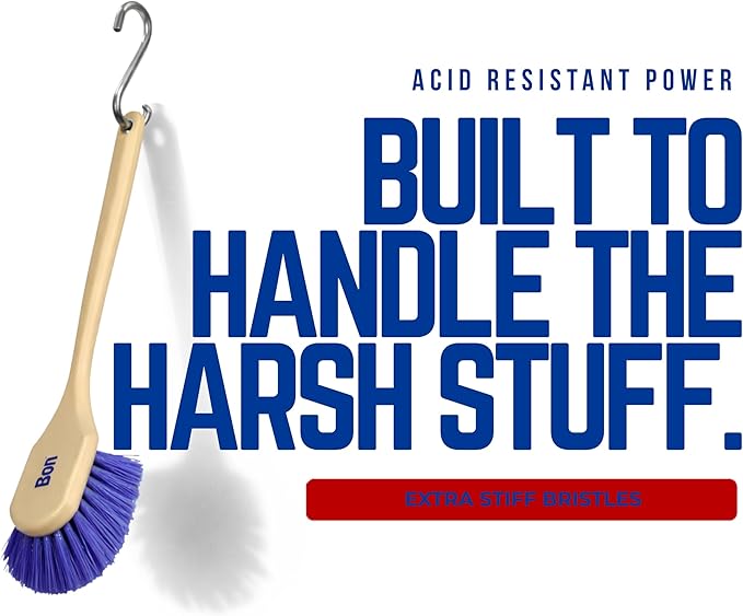 Bon Acid Proof Gong Brush Extra Stiff Plastic Bristles with 20 in. Durable Plastic Handle Heavy Duty Scrub Brush for Concrete Masonry and Surface Prep with 4 1/2 in. Wide Head and 1 1/2 in. Trim