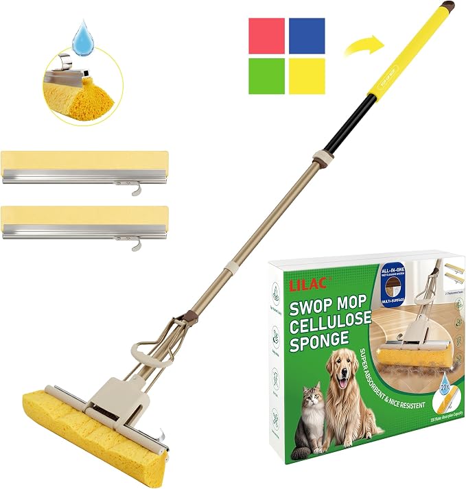 LILAC Cellulose Sponge with 2 Replacement Sponge Heads, 4-Color Handle Choices for Zoned Cleaning, Super Absorbent Pop Up Roller Mop Sponge for Hardwood,Laminate Floors (Yellow Hand)