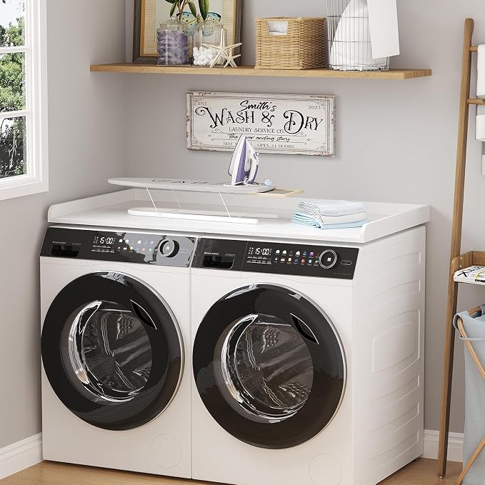 Lifewit Washer Dryer Countertop, Melamine Covers with Edge Rails for The Top, Laundry Room Storage and Organization, Spice Type, Hold 200lbs, White, 54" x 27.5"