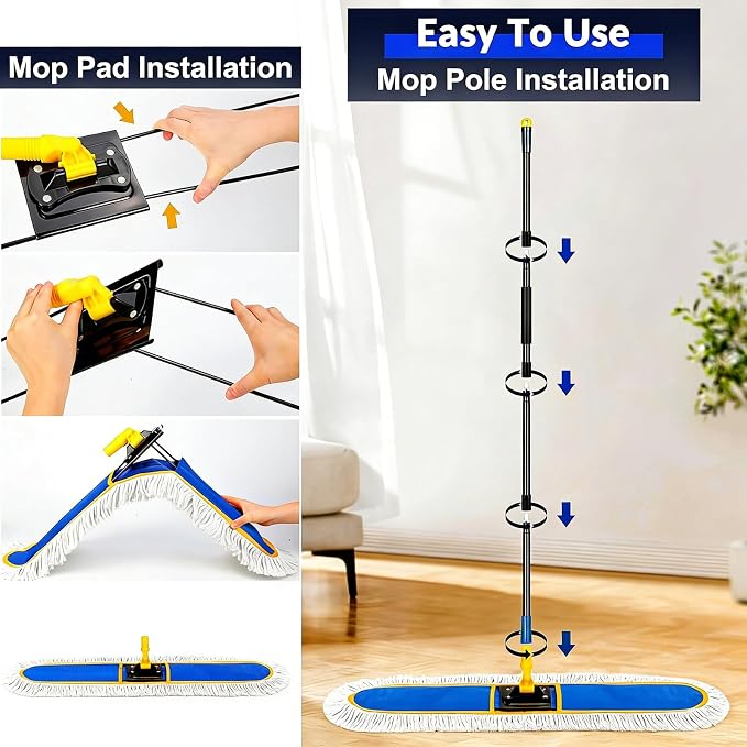 CLDREAM 24" Commercial Dust Mop for Floor Cleaning, Large Industrial Dust Broom Mop with 2 Cotton Reusable Mops Head,Heavy Duty 60" Long Handle Wet Dry Mops for Hardwood
