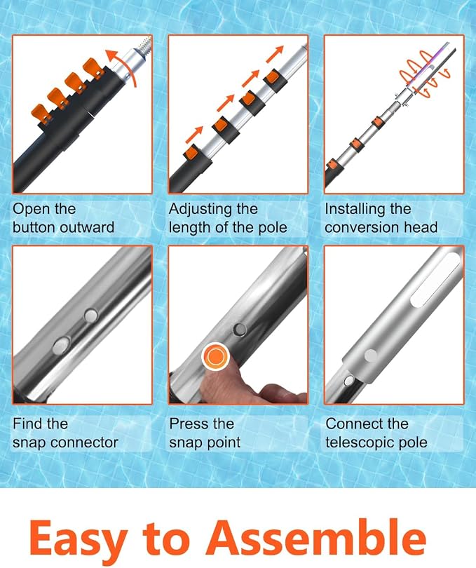 Buyplus Pool Pole - Upgraded 16 Foot Telescopic Extendable Swimming Pool Pole with 4-16FT Aluminium Heavy Duty Extension Pole for Skimmer Nets, Rakes, Brushes and Vacuum Heads, Universal 1.25", Orange