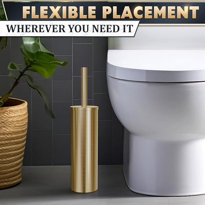 Gold Toilet Brush and Holder Set - Brushed Stainless Steel Gold Toilet Bowl Brush and Holder with Replaceable Head, Removable Inner Bowl, and Splash Protection - Dense Bristles for Thorough Cleaning