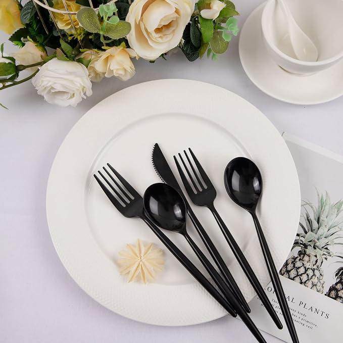 Supernal 180pcs Black Plastic Silverware Set - Heavy Duty Disposable Utensils (60 Forks, 60 Knives, 60 Spoons) - Elegant Black Cutlery for Parties, Weddings & BBQ