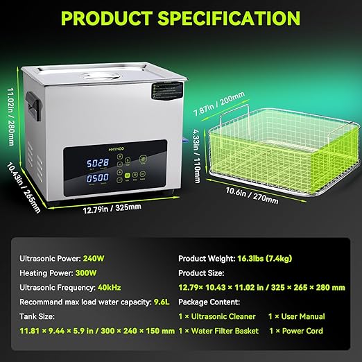 Ultrasonic Cleaner, One-Touch Cleaning,Heating, Deep Mode, ECO Energy-Saving Ultrasonic Cleaning Machine Excellent for Labs,Carburetor,Jewelry,Dentures,Automotive & Industrial Parts. (10L)