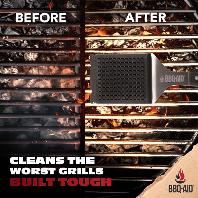 Wire Brush & Scraper for BBQ Grill Cleaning with Replaceable Head - Black | Heavy-duty stainless steel with a long acacia wood handle for better grip and a convenient replaceable head.