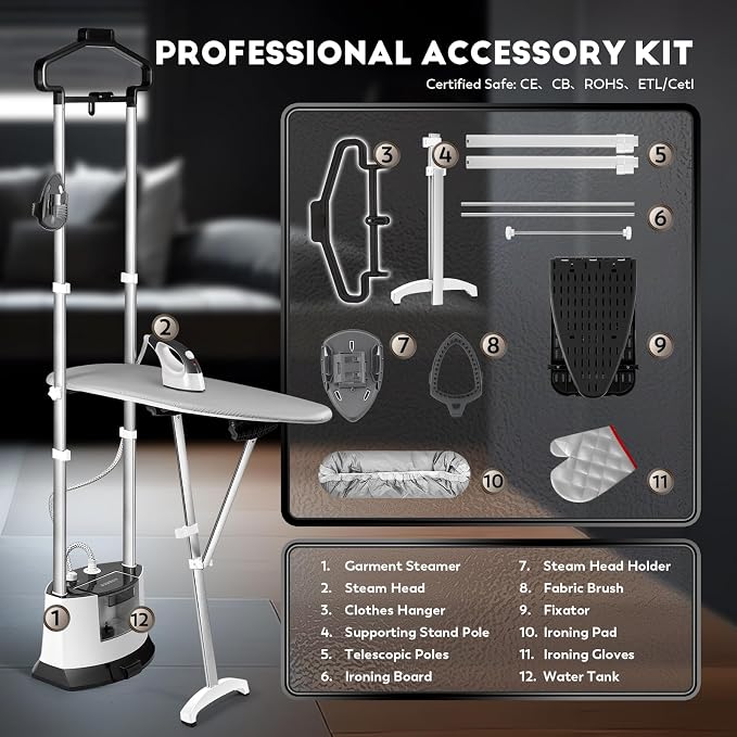 CGOLDENWALL Standing Garment Steamer for Clothes with Flat & Hanging Iron Options: Quick 25s Heat-Up for Continuous 1-Hour Powerful Steam, Including Ironing Board, Fabric Brush and Ironing Gloves