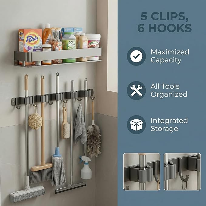 Wall Mount Organizer with Heavy-Duty Hooks and Sturdy Shelf - Holds Brooms, Mops, Vacuums & Cleaning Supplies. Perfect for Laundry Room Organization, Garage Storage, and Closet Shelving(24 inches)