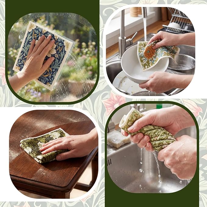 Mifoci 12 Pcs William Morris Swedish Kitchen Dishcloths 7 x 8 Inch Reusable Vintage Floral Dish Towels Absorbent Cotton Cleaning Cloths for Kitchen Cleaning Wipes Housewarming