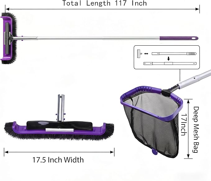 All-in-One Swimming Pool Cleaning Kit, Heavy Duty Deep Leaf Skimmer Net with Pool Brush Head, Adjustable Pole, Pool Cleaning Set for Inground/Above Ground Pools and Ponds, Purple
