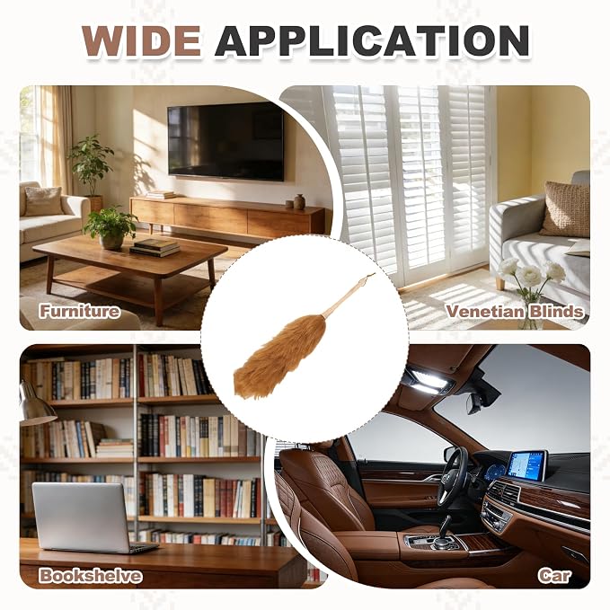uxcell Wool Duster, 24.4" Natural Feather Cleaner Household Cleaning Duster with Solid Wooden Handle for Cleaning Fans Window Blinds Shelves Furniture, Light Brown