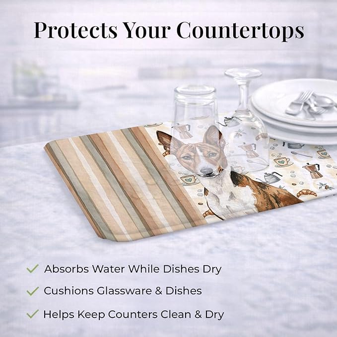 Caroline's Treasures Brindle and White Basenji Coffee Bar Dish Drying Mat Absorbent Dish Drying Mat Pad for Kitchen Counter Dish Drainer Mat for Countertop, 14 x 21", Multicolor