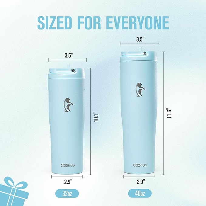 Coolflask Water Bottle 32 oz Fits Car Cup Holder, Slim Tumbler Stainless Steel with Straw & Handle, Vacuum Flask Leakproof Wide Mouth for Travel Sports Gym, Blue
