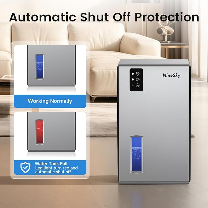 NineSky Dehumidifiers for Home, 1000 Sq.Ft Dehumidifier with 95oz Water Tank, Quiet Dehumidifier for Basement Bathroom Bedroom with 7-Color Ambient Light & Auto Shut Off, Sliver