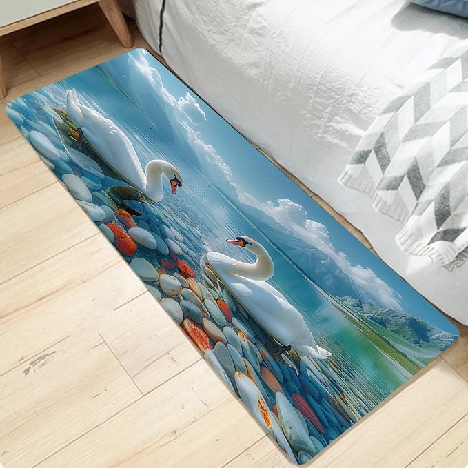 WODEJIA Non Slip Bath Rugs Sponge Foam for Bathroom,Flannel Mat Rug for Living Room, Absorbent MatS for Forlaundry Room and Kitchen,Swans On The Water Welcome Mat 47x18 Inches