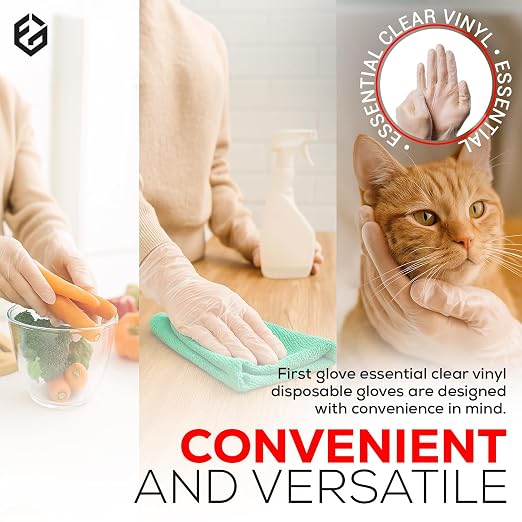 FIRST GLOVE 6 Mil Essential Clear Vinyl Disposable Gloves - Hand Gloves for Food Handling & Cleaning, Multipurpose Use - Disposable Glove with Enhanced Grip, Hand Protection & Latex-Free -Small,1000ct