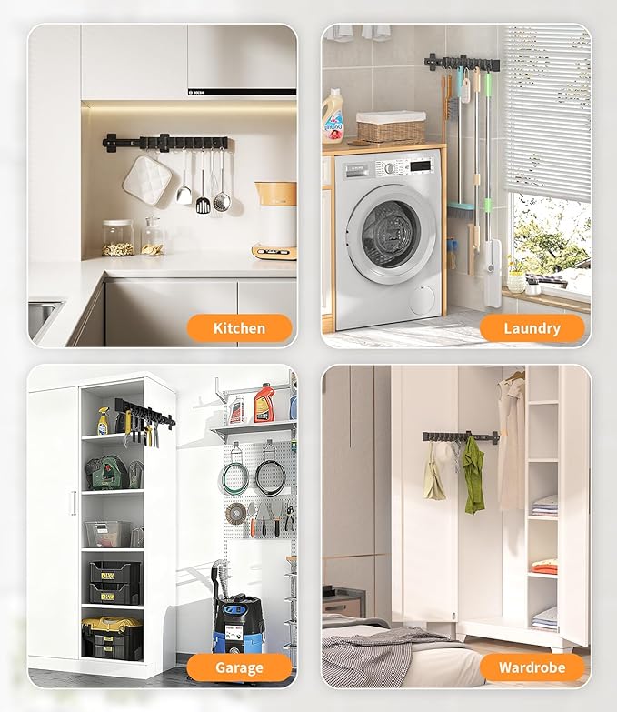 Pull Out Broom Holder With 9 Adjustable Sliding Hook, Multifunctional Slide Broom And Mop Storage/Organizer Garage Organization Hooks, for Closet Laundry - 16.14inch/41cm