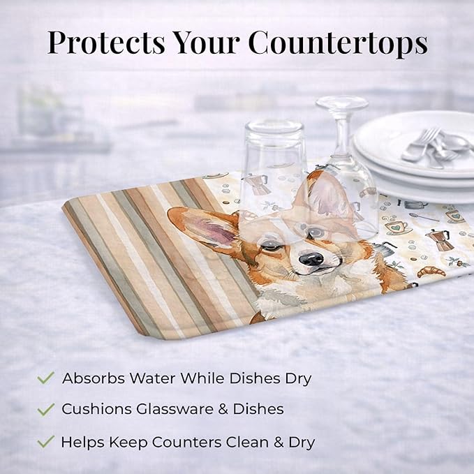 Caroline's Treasures Corgi Coffee Bar Dish Drying Mat Absorbent Dish Drying Mat Pad for Kitchen Counter Dish Drainer Mat for Countertop, 14 x 21", Multicolor