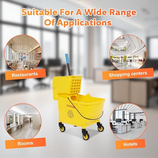 35 Qt Commercial Mop Bucket with Side Press Wringer on Wheels,Yellow Industrial Mops and Bucket Set for Floor Cleaning,Including 1 Industrial Mop 