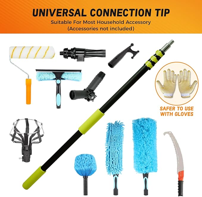 3-12ft Telescopic Extension Pole,Multi-Purpose Extension Pole with 180° Universal Thread Head, Black Oxide Aluminum Extendable Pole with Flip-Lock, for Painting,Dusting,Window Cleaning