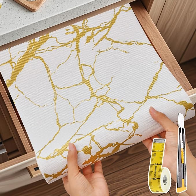 Drawer and Shelf Liner for Kitchen Cabinet Non Slip Waterproof Shelf Paper 17.5 in X 20 Ft Non Adhesive Refrigerator Liners Gold White Marble Easy Liners for Bathroom Cupboard