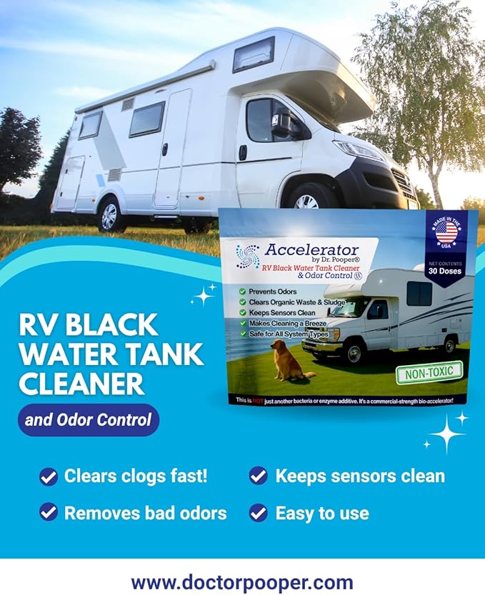 Accelerator by Dr. Pooper RV Black Water Tank Cleaner and Odor Control, Sludge and Waste Remover, Sensor Safe, Non-Toxic, 65 Doses with Scoop, Made in USA