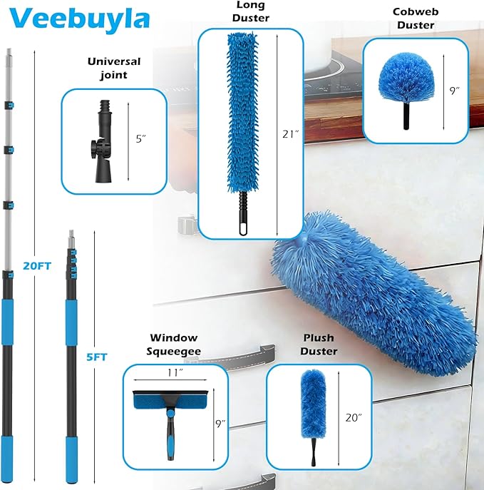 16FT Reach High Ceiling Duster Kits with 3-12FT Adjustable Pole - Includes Extra Long Duster, High Ceiling Duster, Rotatable Window Squeegee & Cobweb Duster for Ceiling Fans and Whole House Cleaning
