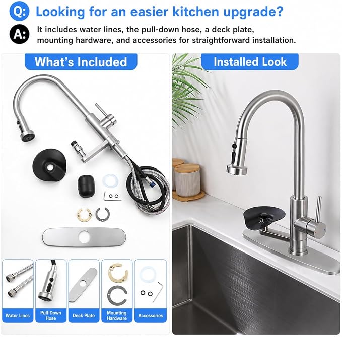 Kitchen Faucet with Glass Rinser, Pull Down Sink Faucet with 3 Spray Modes and High Pressure Glass Rinser, Single Hole 2 in 1 High Arc Stainless Steel Kitchen Faucets (Brushed Nickel)