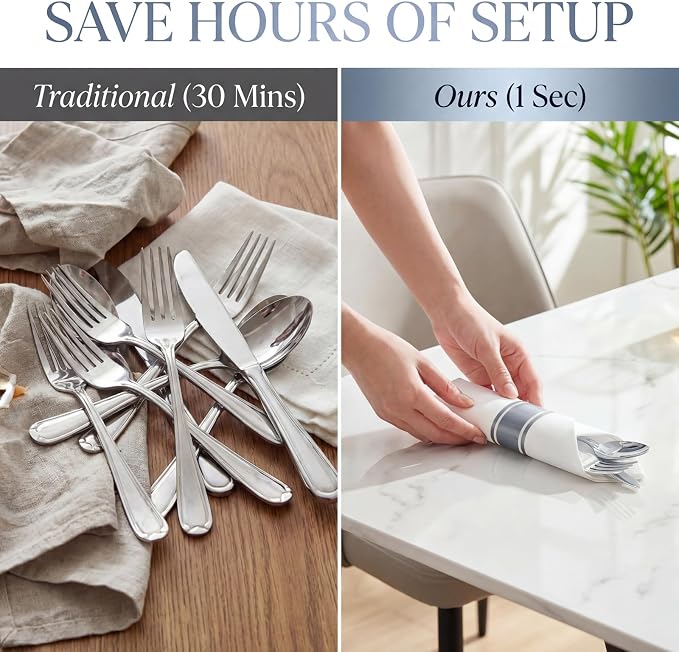 Liacere 400PCS Silver Plastic Silverware - Pre Rolled Napkins Disposable Silver Cutlery-Premium Quality Gold Plastic Utensils - Includes 100Forks,100Knives,100Spoons,100Napkins For Wedding & Party