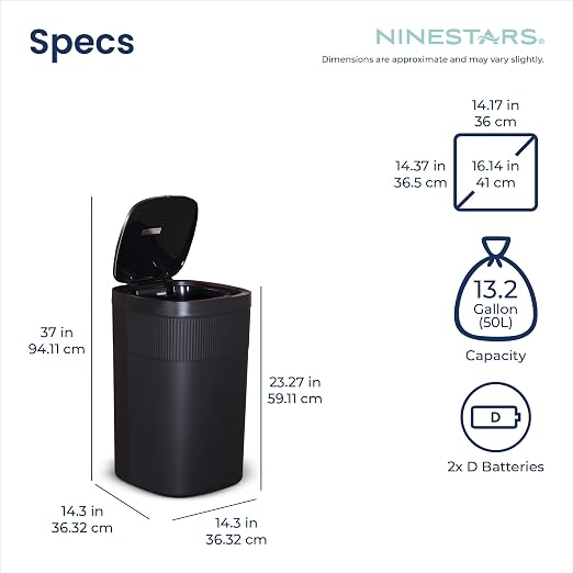 Ninestars 13.2 Gallon Automatic Trash Can, 50L + 12L Touchless Motion Sensor Garbage Can Set of 2 with Soft Close Lid, Liner Ring, Fingerprint Resistant Stainless Steel Kitchen and Bathroom, Black