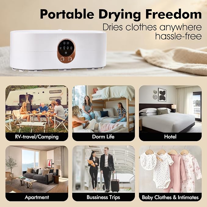 Hanging Portable Clothes Dryer, Mini & Compact Dryer | For Apartment, Dorms, RV&Travel, 4 Timer Settings (1H/2H/4H/8H), 167°F Constant Temperature