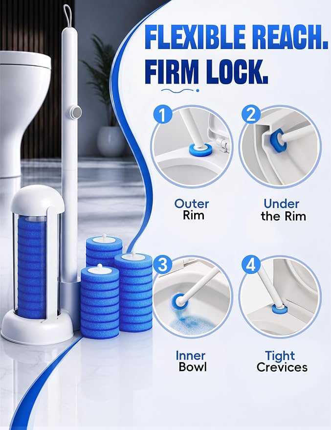 Toilet Wand Kit, Disposable Toilet Bowl Cleaner Brush with Blue Replacement Heads, Press-Button Wand and Self-Closing Freestanding Holder (42 Refills)